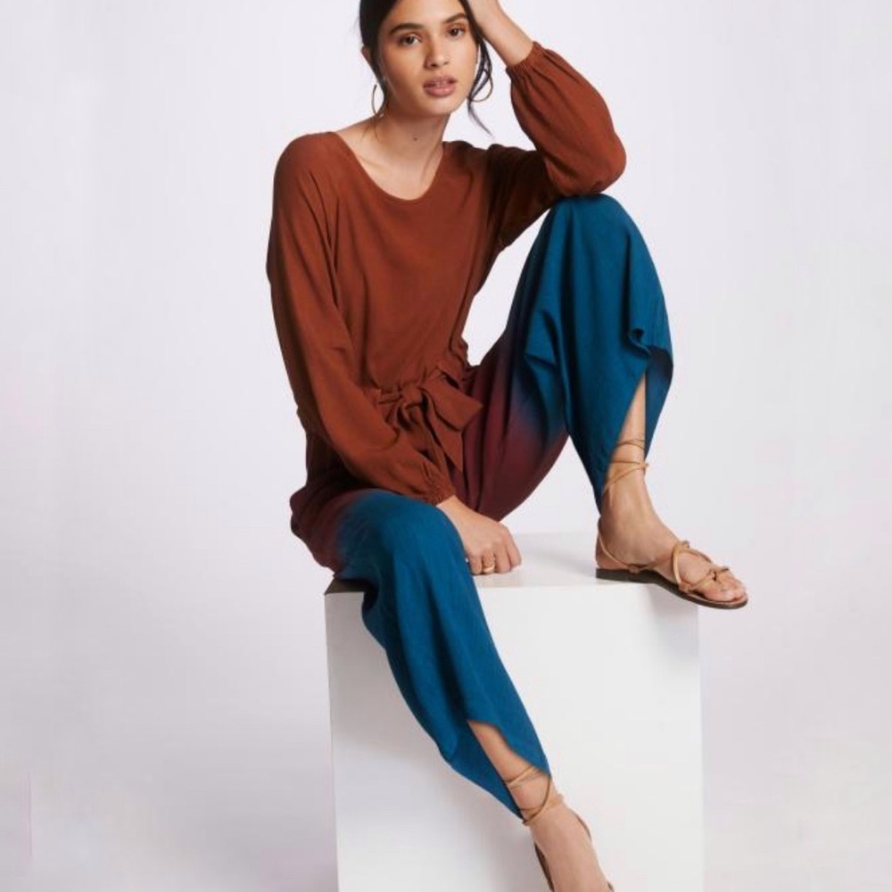 Anthropologie Two-Tone Rust and Teal Jumpsuit